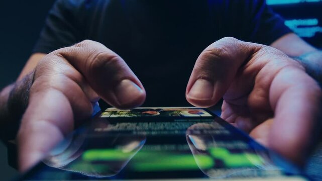 Man chatting online on phone smartphone macro close up, typing text message, touching touchscreen keyboard, using messenger application. Person holding mobile phone, close up, swiping social media. 
