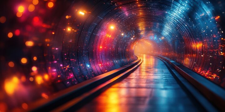 A futuristic and vibrant tunnel illuminated by a captivating array of colorful lights, leading towards a bright and unknown destination