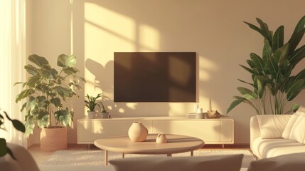 A serene living room with plants, a TV, and warm lighting, creating a cozy atmosphere.
