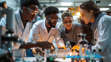 Group of university students collaborating on a research project in a modern laboratory with scientific equipment and bright