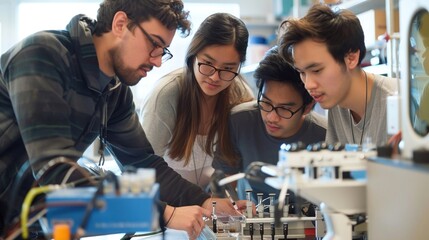 Group of university students collaborating on a research project in a modern laboratory with scientific equipment and bright