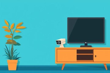 Modern living room featuring a stylish TV, decorative plant, and vibrant colors for a cozy atmosphere.