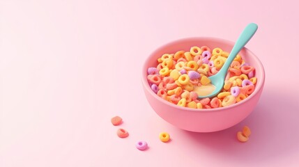 A colorful bowl of cereal with a spoon on a pastel background, suggesting a playful breakfast.
