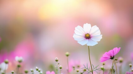 A single, delicate flower blooms in the center of a field of pastel colored wildflowers, its petals glowing with an ethereal light.