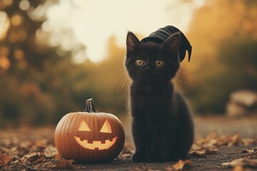 Adorable Black Kitten in Witch Hat with Pumpkin