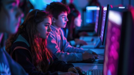 Fototapeta premium High school students collaborating on a group assignment in a computer lab