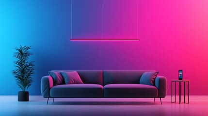 Modern sofa in a vibrant living space with colorful lighting and decor elements, creating a cozy atmosphere.