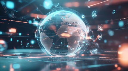 A digital representation of a globe surrounded by interconnected data and technology symbols.