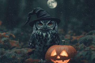 Majestic Owl in Stylish Witch Hat Perched on Pumpkin