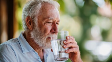 health-conscious senior man upholds his good lifestyle by savoring a glass of water. With each sip, he nourishes his body, exemplifying the significance of hydration and well-being in his golden years