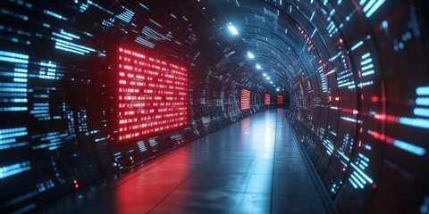 Obraz premium A futuristic tunnel with glowing red and blue lines, creating a digital and abstract environment
