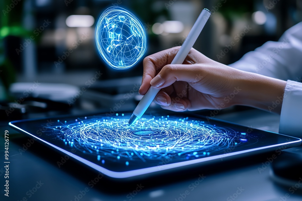 Poster A person writing on a digital tablet with a virtual pen, creating floating holographic notes in a futuristic workspace