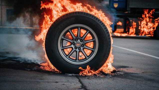 car tire on road, fire