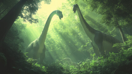 Obraz premium A pair of Brachiosaurus dinosaurs towering over a lush, green forest, their long necks reaching into the treetops to feed on the leaves.