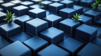 A Geometric Arrangement of Cubes with Sprouting Plants, Symbolising Growth and Resilience in a Minimalist Setting