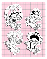Four characters. Outline drawing. Fish in different images. Stickers on the background. Fish juggling balls. Hero with a bowl of soup. Character in a sombrero. Drawing in a folk costume.