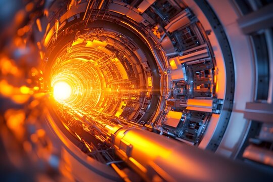 Cutaway masterpiece showcasing the intricate dance of superheated plasma and magnetic confinement fields within a tokamak reactor captured in precise technical detail with natural lighting