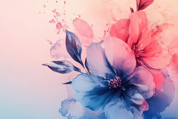 Artistic florals with ink splashes create stunning abstract motion, blending soft pink and blue hues. This vibrant composition evokes sense of tranquility and beauty
