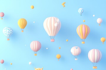 A whimsical scene of colorful hot air balloons floating against a light blue background.