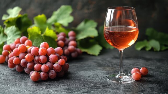 A glass of rose wine with a cluster of red grapes resting on a dark surface beside it
