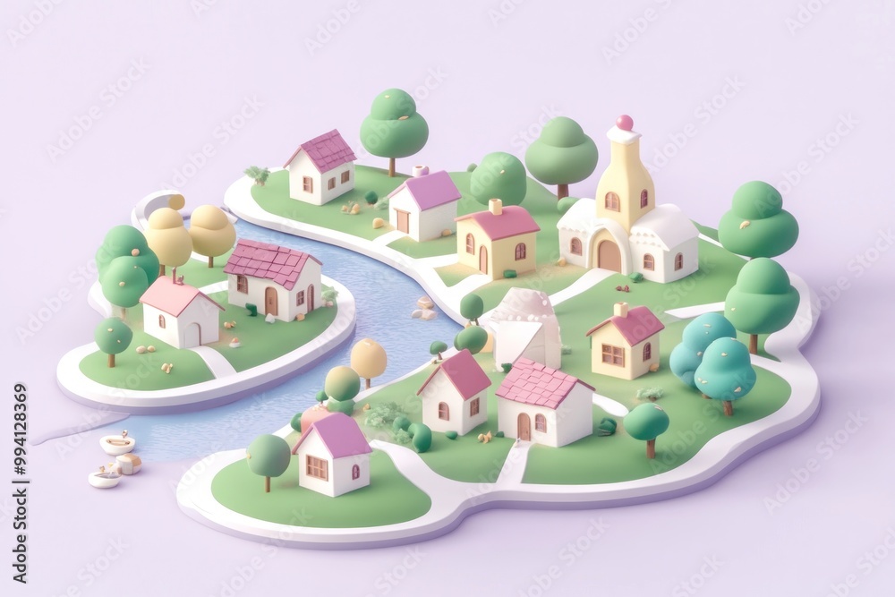 Canvas Prints A whimsical 3D village scene with colorful houses and trees by a winding river.