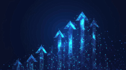 Abstract Digital Arrows Growing Upward Graph Chart on Technological Blue Low Poly Wireframe Background, Business Boosting Results Concept, Polygonal Finance and Investment Success Illustration