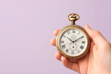 Vintage ornate brass pocket watch with detailed analog face and engraved case held in a human hand against a solid pastel plum color background  This classic heirloom timepiece creates an elegant