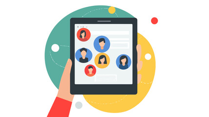 Digital Social Circle Networking Concept - Flat Design Illustration of a Hand Holding Tablet with Connected People Icons