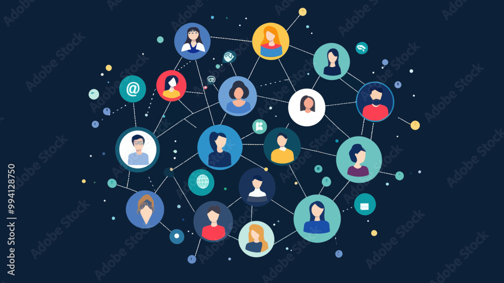 Poster digital networking and social media connection vector illustration with diverse user avatars and com