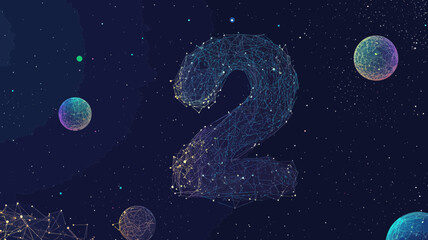 Abstract Number Two with Starry Sky and Space Elements, Vector Wireframe Digit 2 in Universe Concept, Minimalist SVG Illustration
