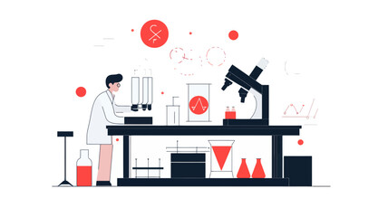 Scientific Laboratory Testing - Flat Vector Illustration of Scientist Conducting Experiments with Lab Equipment and Chemical Vials