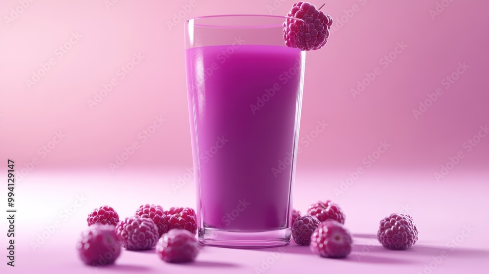 Wall mural A vibrant purple drink garnished with raspberries, set against a pink background.