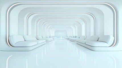 Obraz premium A minimalist interior featuring smooth curves and elegant white furniture, ideal for modern design and serene environments.