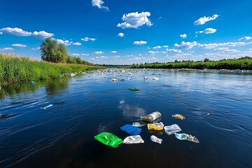 A polluted river with plastic waste floating on the surface, representing the environmental damage caused by human activity
