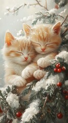 Adorable Ginger Kittens Sleeping on Snow-Covered Pine Branches with Red Berries in Winter Wonderland