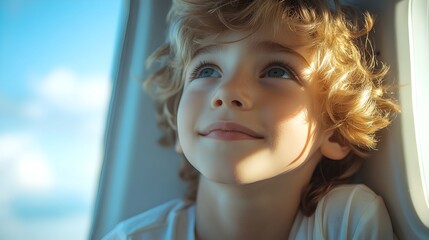 Fototapeta premium Joyful Boy Gazing Out Airplane Window at Scenic Blue Sky Adventure