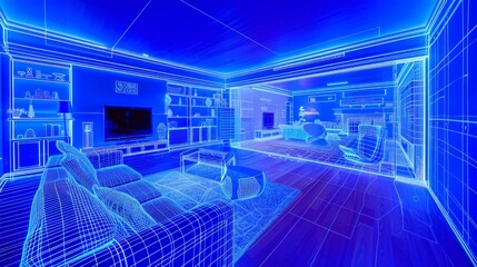 Fototapeta premium Spacious living room rendered in 3D hologram wireframe with luminous blue lines. furniture and room architecture, blending modern design with a virtual futuristic environment.