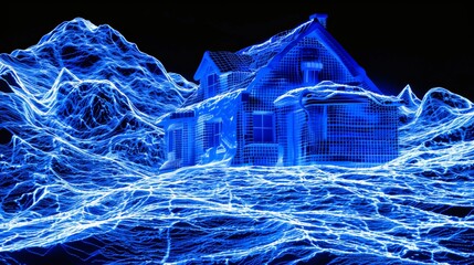 Rocky mountain rendered in 3D hologram wireframe style, glowing with intricate blue energy lines. The digital representation of a rugged landscape, blending technology with natural forms.