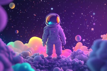 A whimsical astronaut stands amidst colorful cosmic clouds in a vibrant space scene.