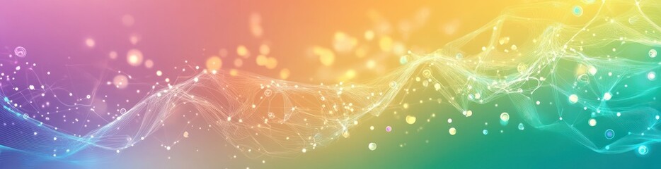 A colorful abstract background with soft waves and sparkling light effects.