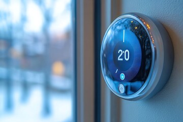A smart thermostat with a digital display showing the temperature set at 20 degrees Celsius. It is mounted on a white wall next to a window with a blurred view of a snowy landscape.