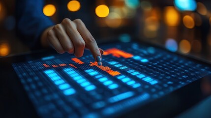 A woman's finger is touching a digital tablet screen with a bright blue and orange grid pattern on it.