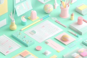 A pastel-themed workspace with stationery, notes, and decorative items for organization.