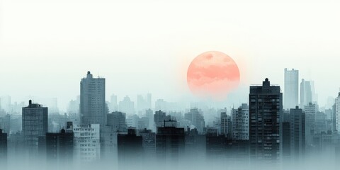 Fototapeta premium A hazy cityscape with a large, reddish-orange sun rising over the buildings, casting a soft glow on the skyline