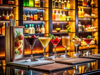 Elegant Luxury Bar Menu Display with Fine Drinks and Exquisite Culinary Creations on a Table