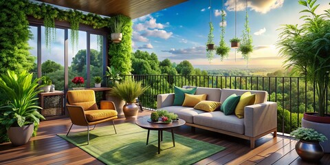 Fototapeta premium Elegant luxury balcony overlooking a scenic view with stylish furniture and lush greenery ambiance
