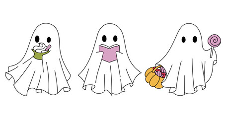 Halloween Ghost Activity Vector Illustration in Doodle Style with Retro Groovy