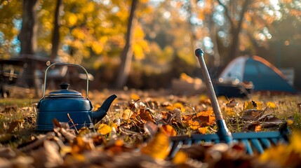 With autumn foliage in the distance a yard rake and a camping kettle