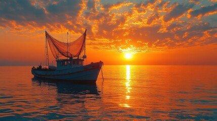 Fototapeta premium A lone fishing boat with its net lowered, rests on the calm waters as the sun sets over the horizon, casting an orange glow across the sky