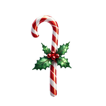 Bengala doce com listras vermelhas de natal com folhas verdes de guirlanda natalina em fundo transparente sem fundo